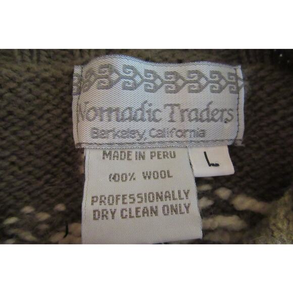 Nomadic Traders Christmas Deer Snow Trees Sweater 100% Wool Olive White Women L - Picture 7 of 7